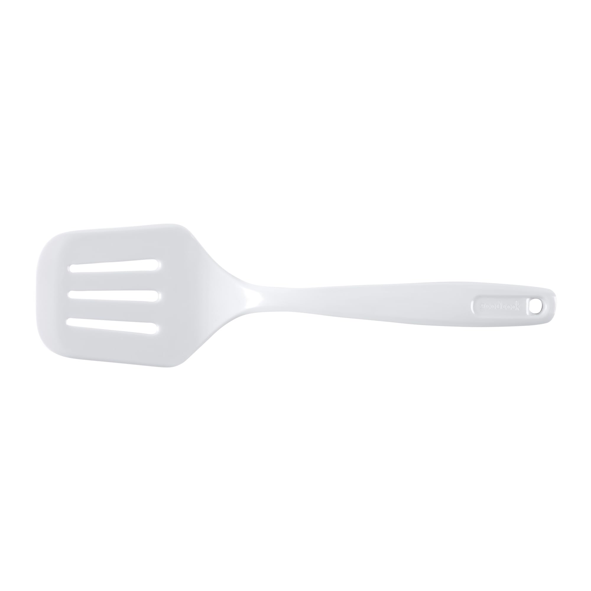 GoodCook slotted turner in use, transferring grilled food from barbecue