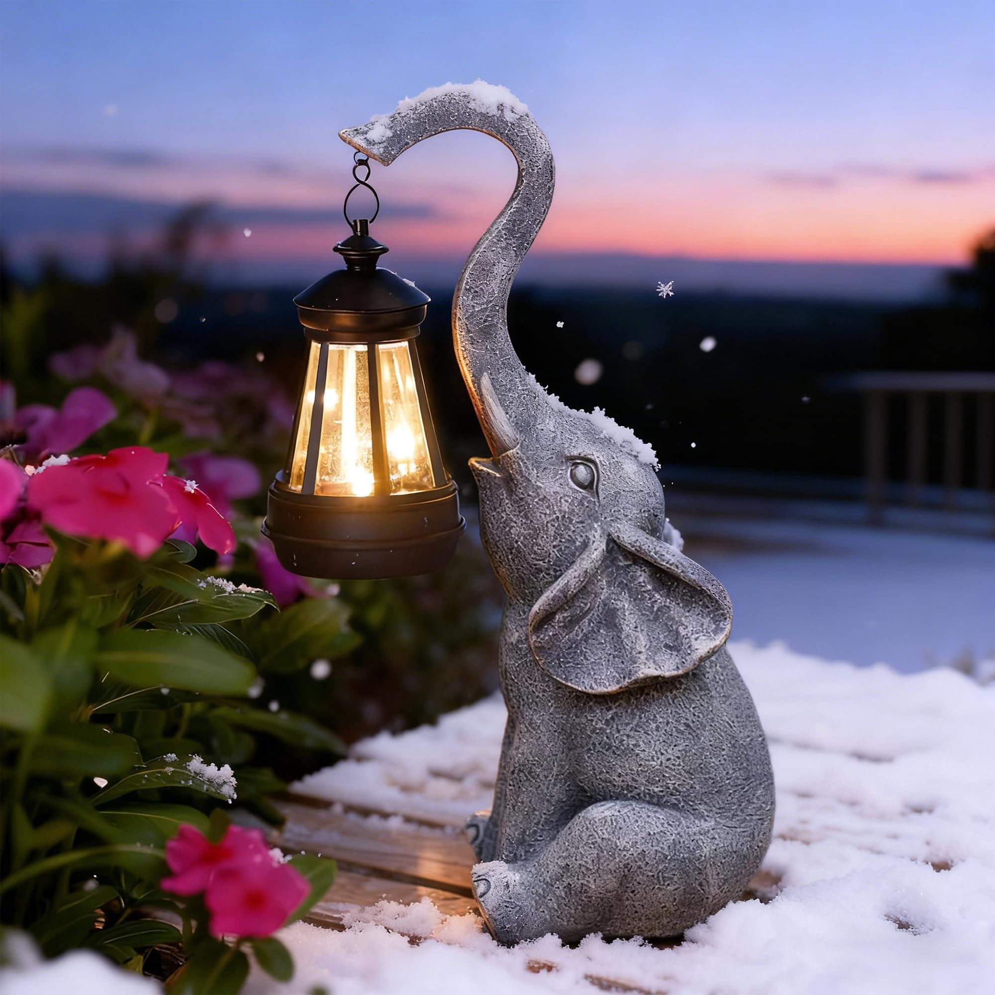 Goodeco 11-inch grey elephant statue with solar lantern