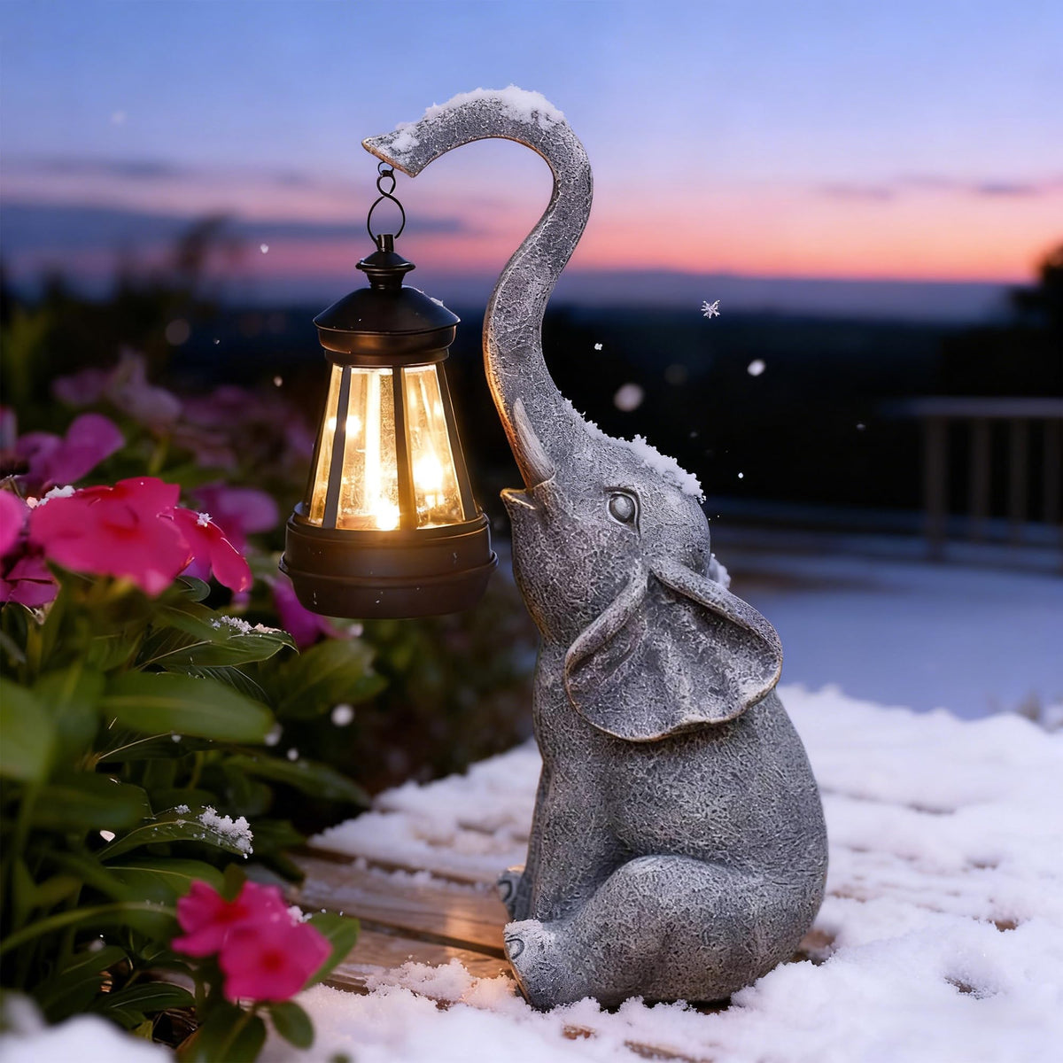 Goodeco 11-inch grey elephant statue with solar lantern