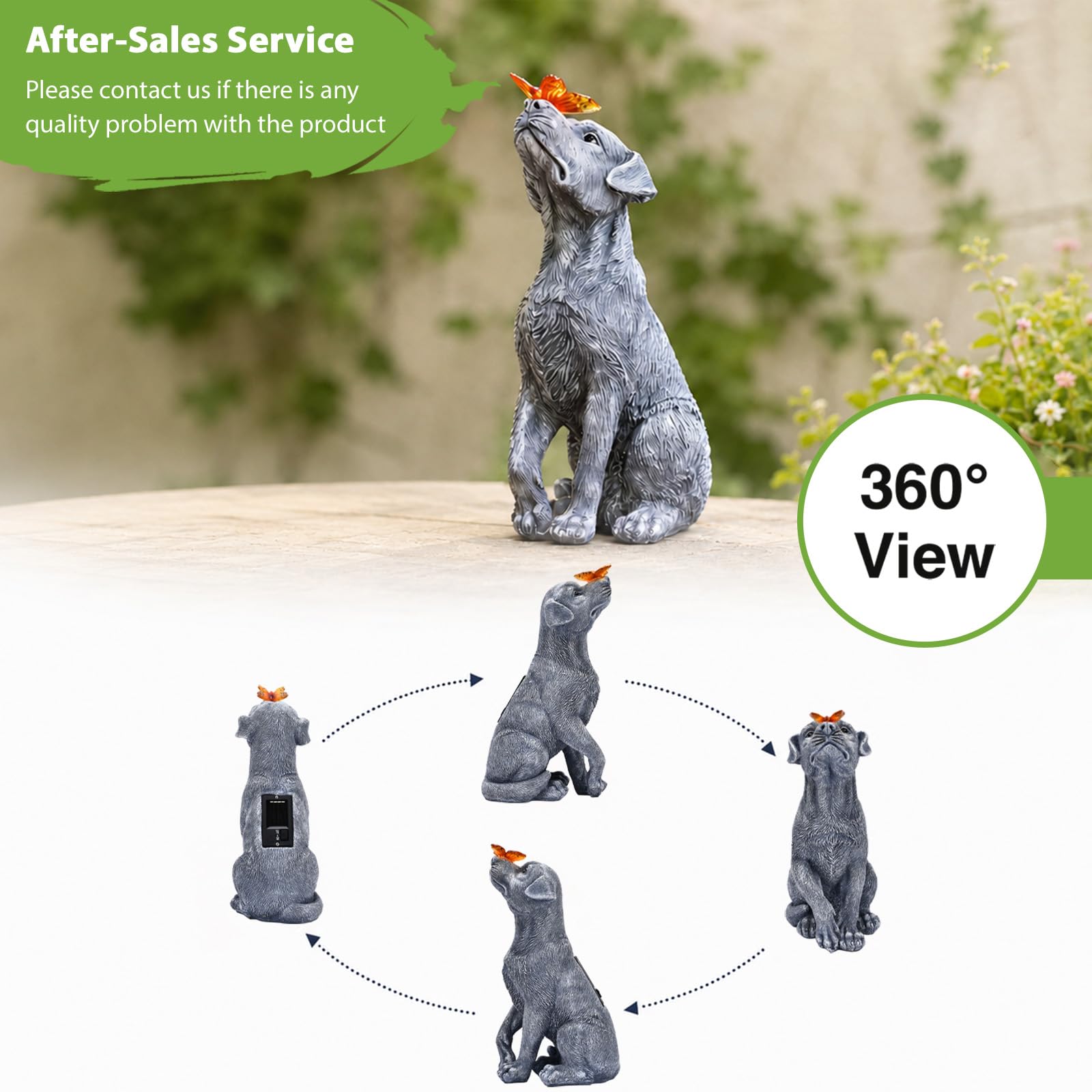 Goodeco Dog Statue in garden setting with solar light on