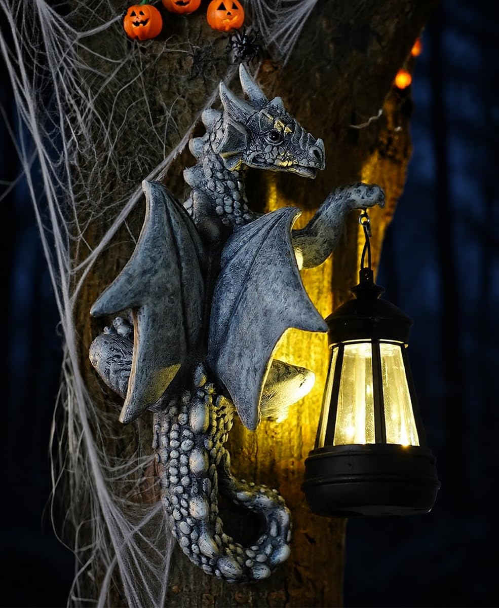 Goodeco Dragon Tree Hugger Solar Lantern Garden Statue front view