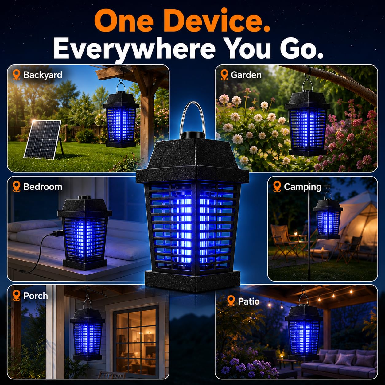 GooQand Solar Bug Zapper 4500V in use outdoors at dusk