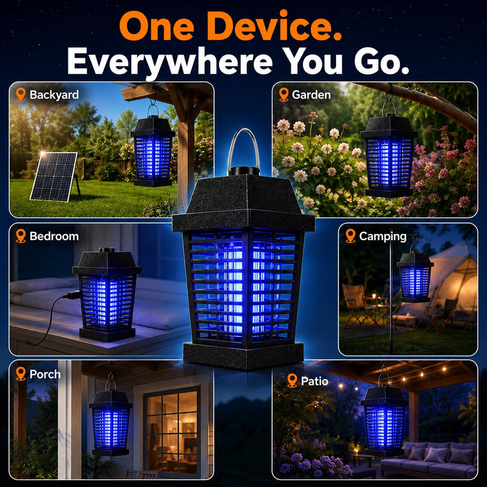 GooQand Solar Bug Zapper 4500V in use outdoors at dusk