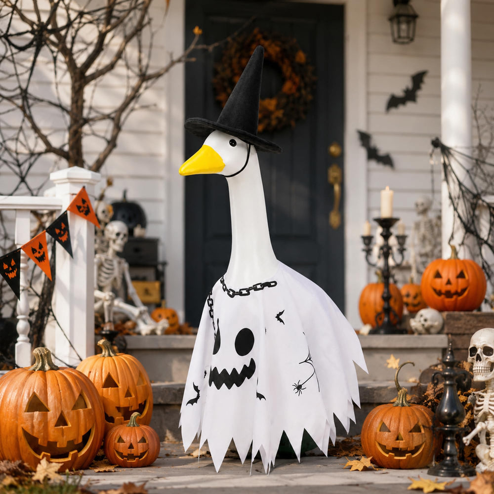Goose statue dressed in Halloween ghost costume