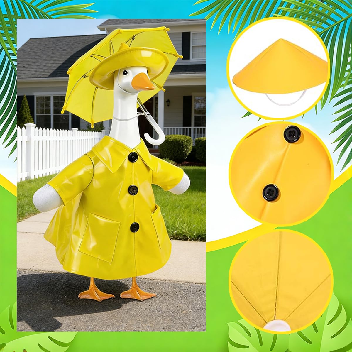 Goose statue wearing Shilkare raincoat and hat in the rain