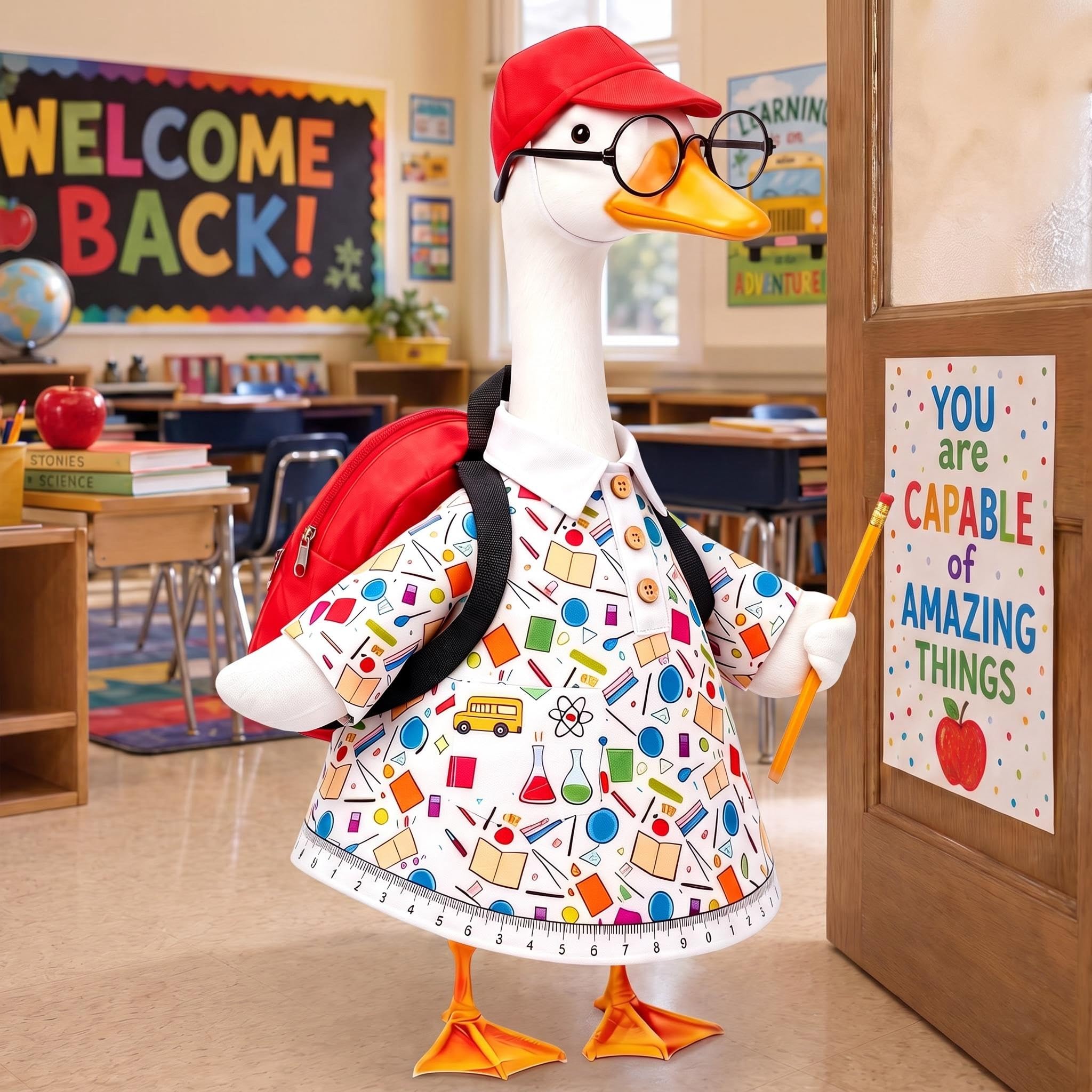 Goose statue wearing the Blosvbo back-to-school outfit