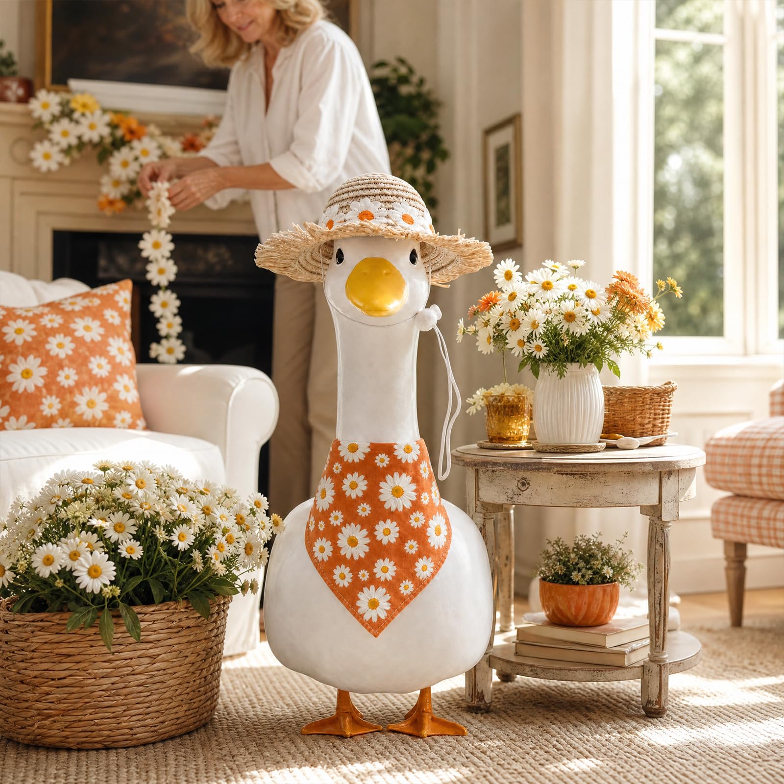 Goose statue wearing the Fall Orange Daisy Outfit in a garden setting