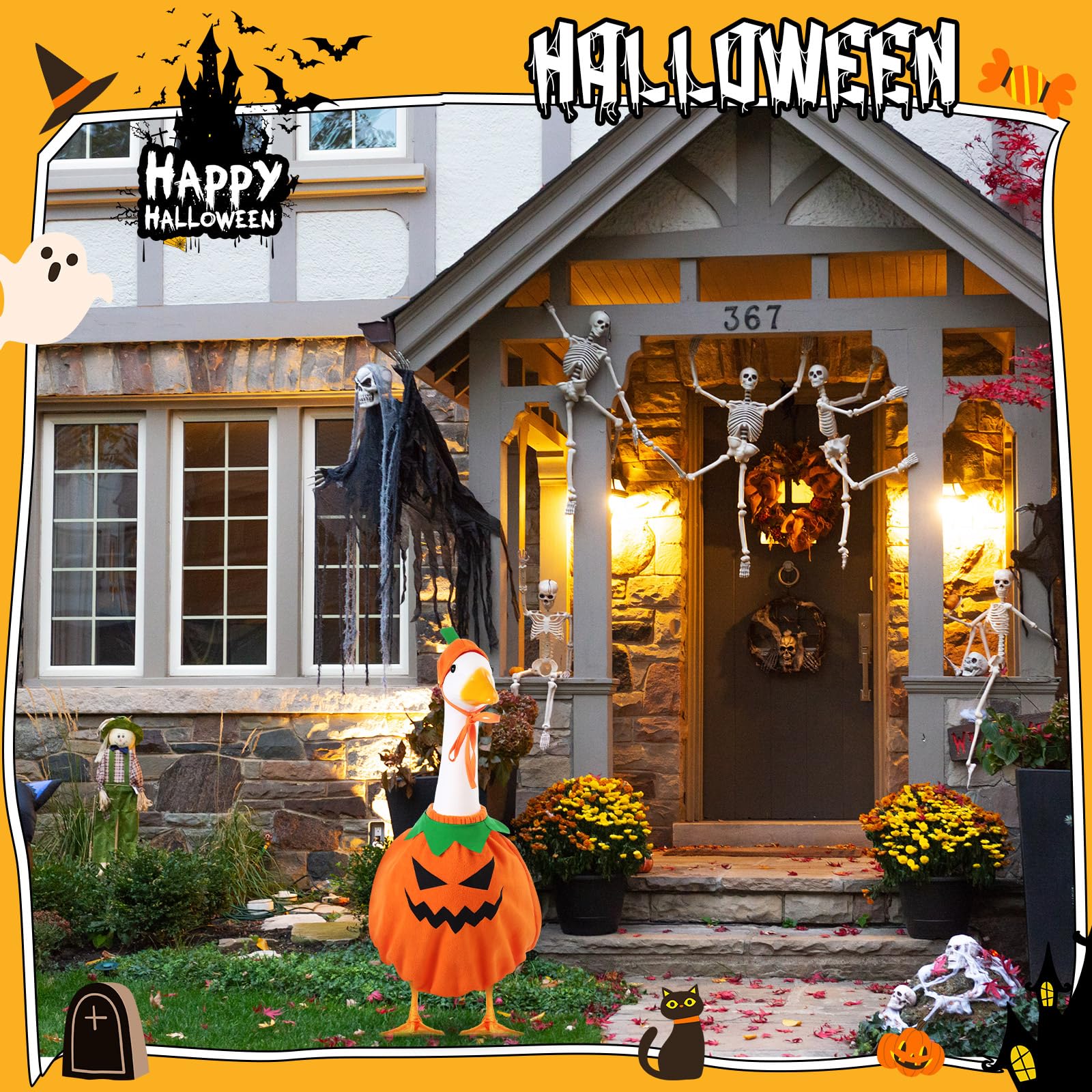 Goose statue wearing the Halloween costume in a garden setting