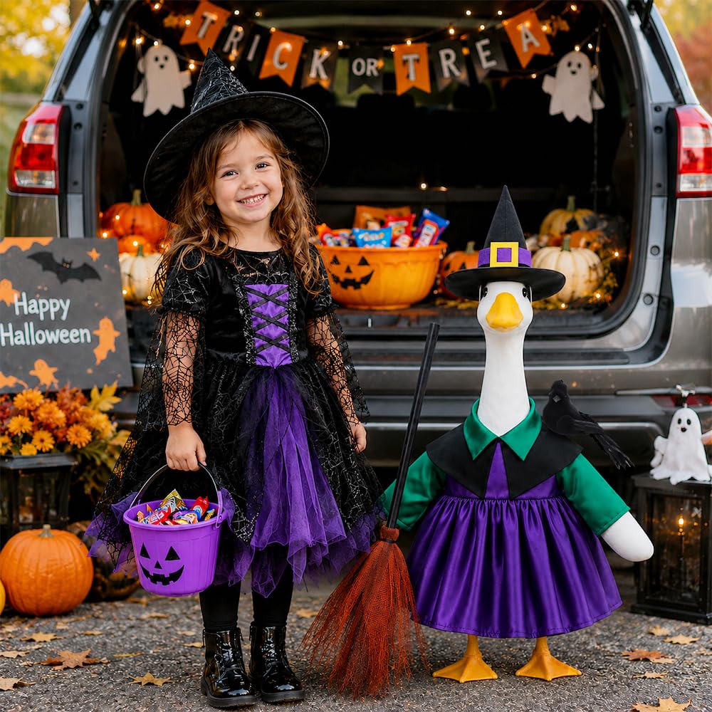 Goose statue with Halloween witch costume