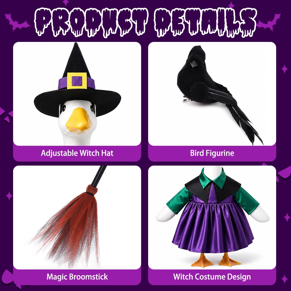 Goose wearing Halloween witch outfit in garden