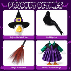 Goose wearing Halloween witch outfit in garden