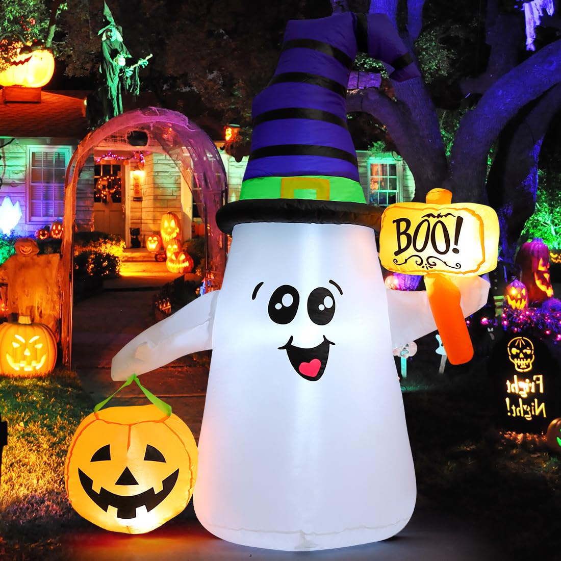 GOOSH 5 FT Halloween inflatable ghost with pumpkin and Boo sign