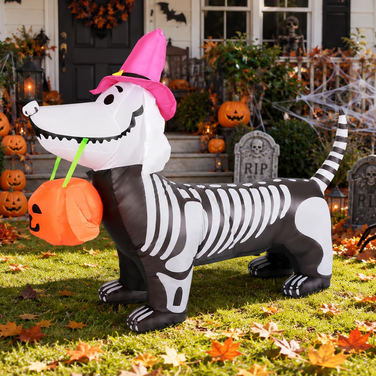 GOOSH 5 FT Halloween Skeleton Puppy inflatable at night with lights
