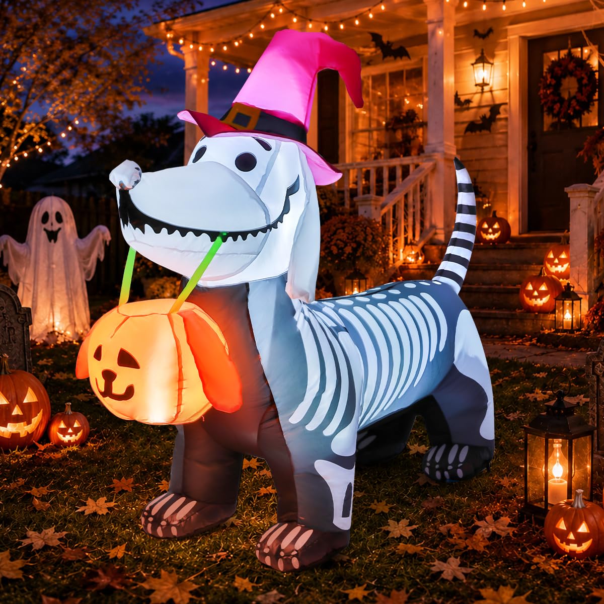 GOOSH 5 FT Halloween Skeleton Puppy inflatable front view with LED lights