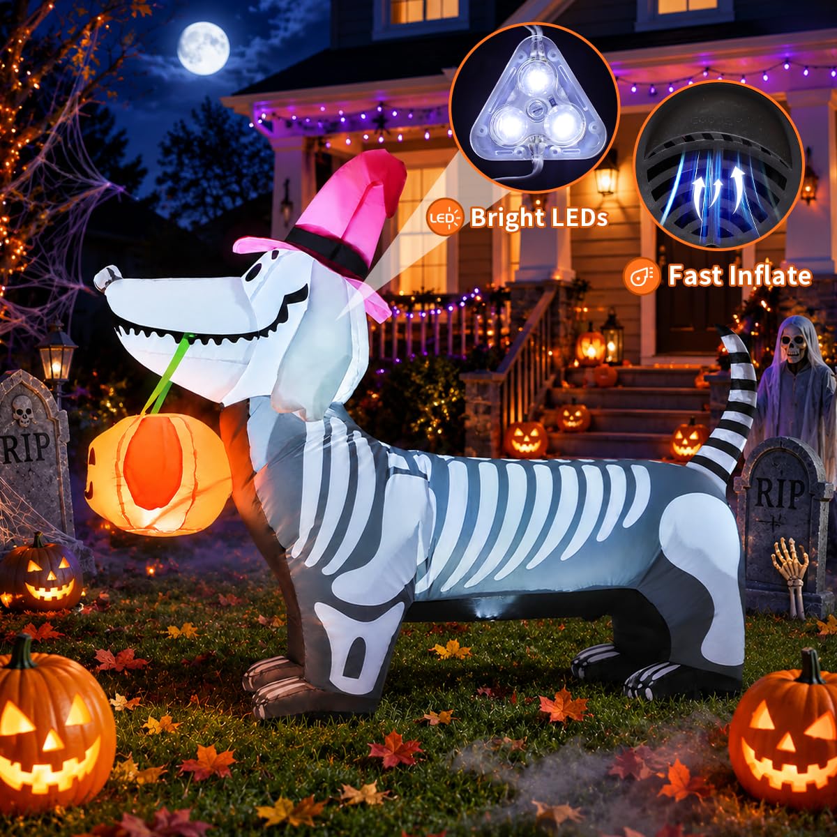 GOOSH 5 FT Halloween Skeleton Puppy inflatable in garden