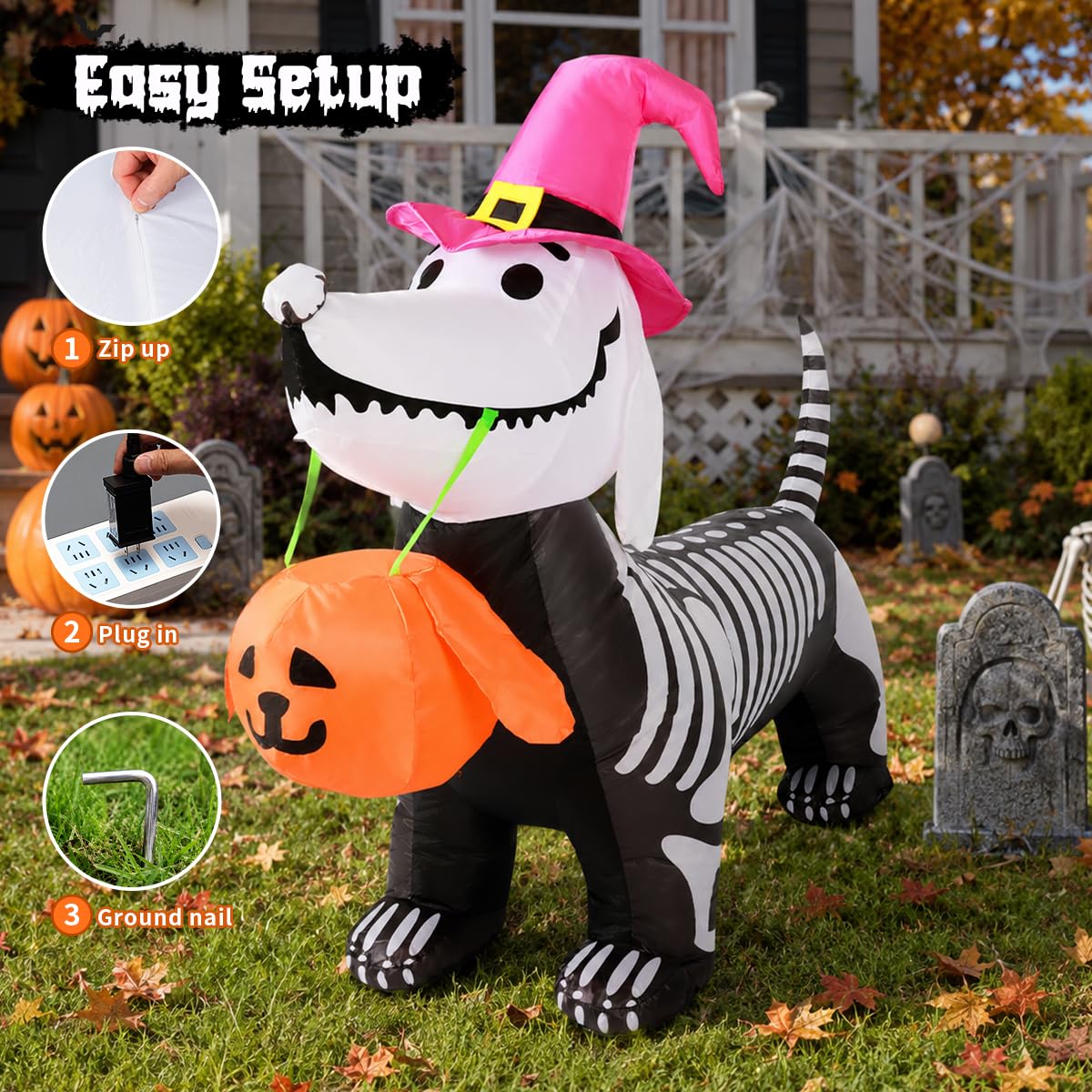GOOSH 5 FT Halloween Skeleton Puppy inflatable with ground stakes