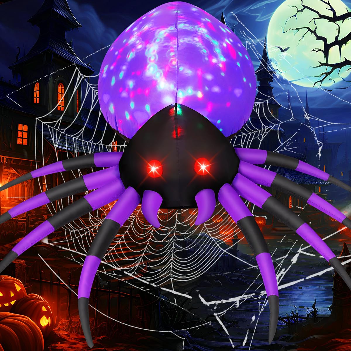 GOOSH 5 FT inflatable purple spider with LED lights front view