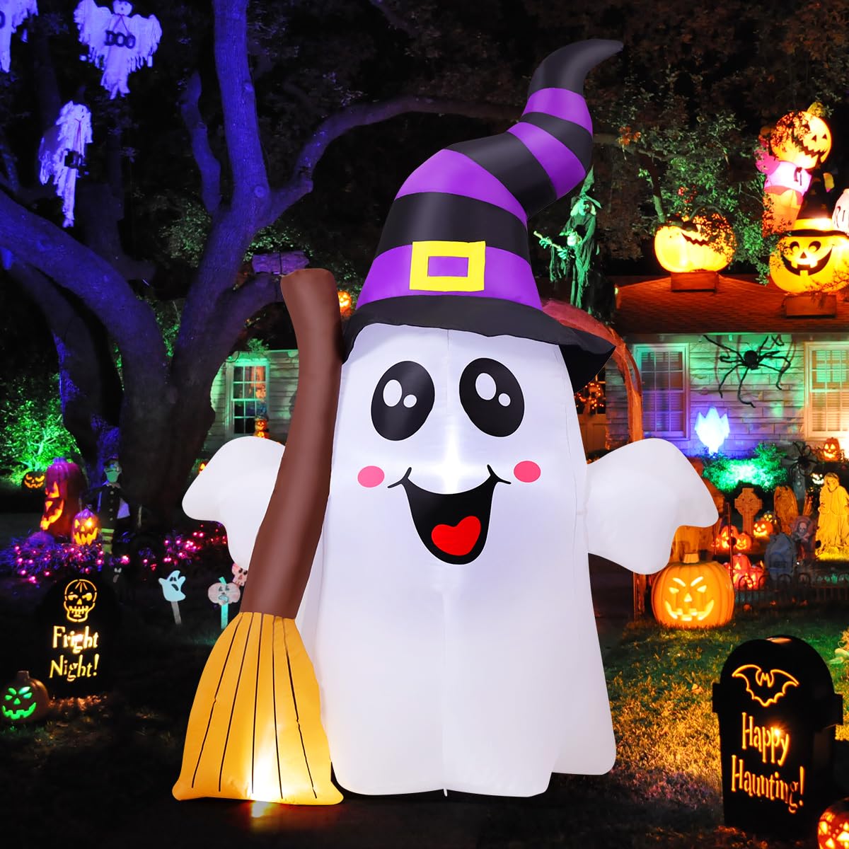 GOOSH 6.2 FT Halloween inflatable ghost front view with witch's hat