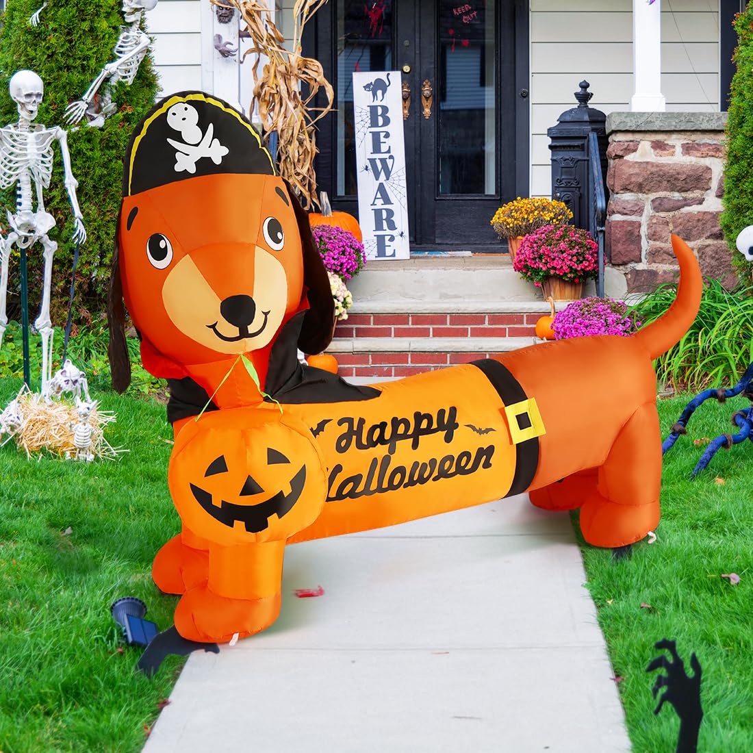 GOOSH Halloween Inflatable Dog secured in the yard