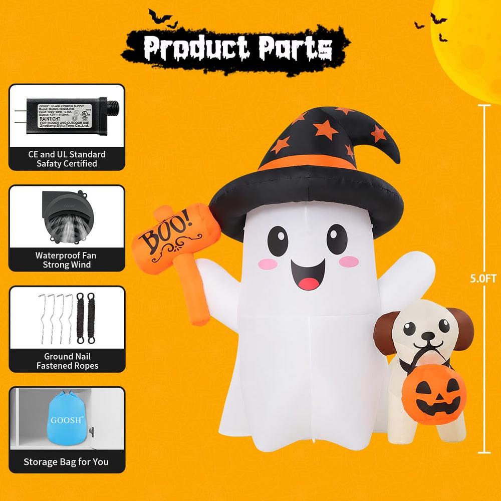 GOOSH Halloween inflatable ghost and puppy during night with lights on