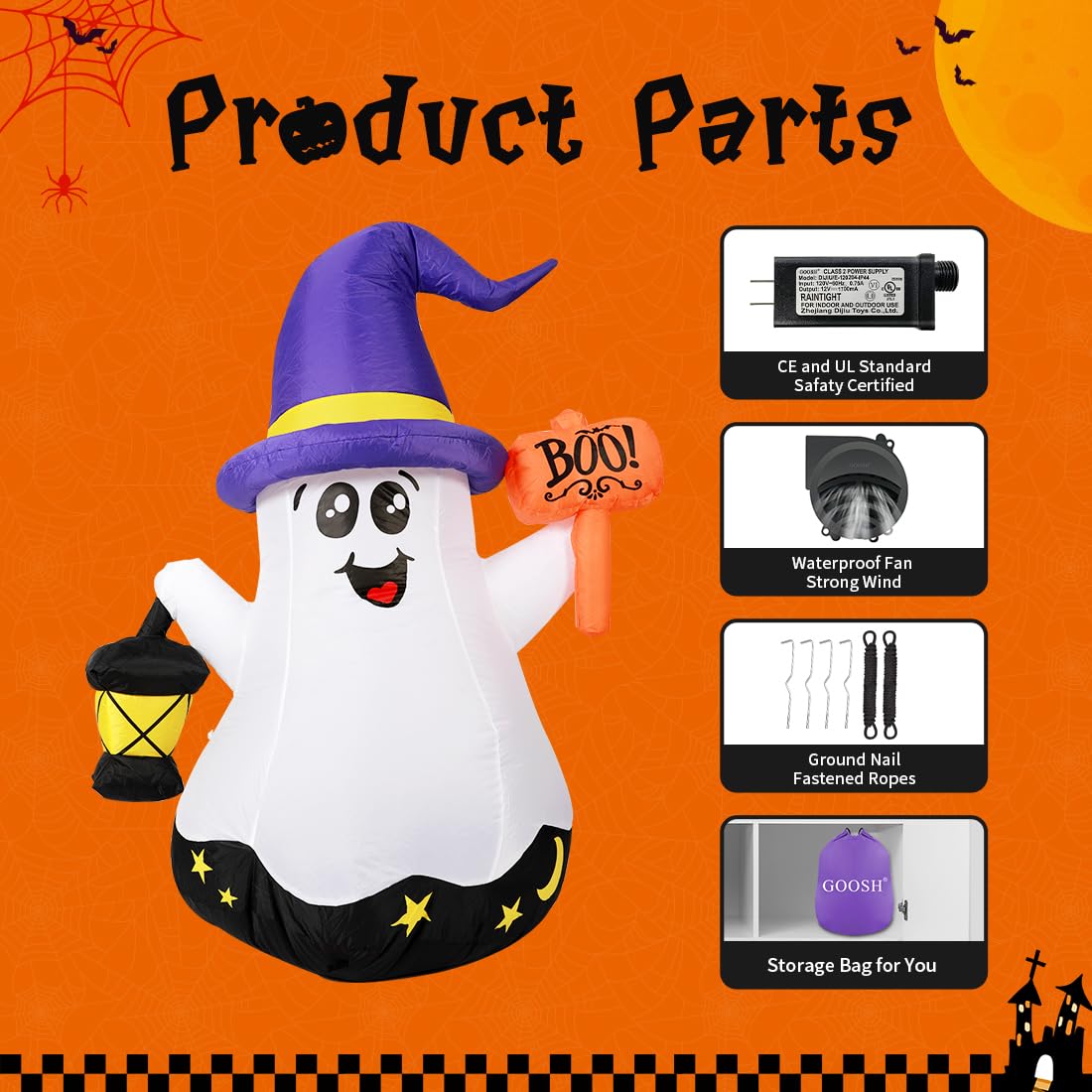 GOOSH Halloween Inflatable Wizard Ghost setup with ground stakes