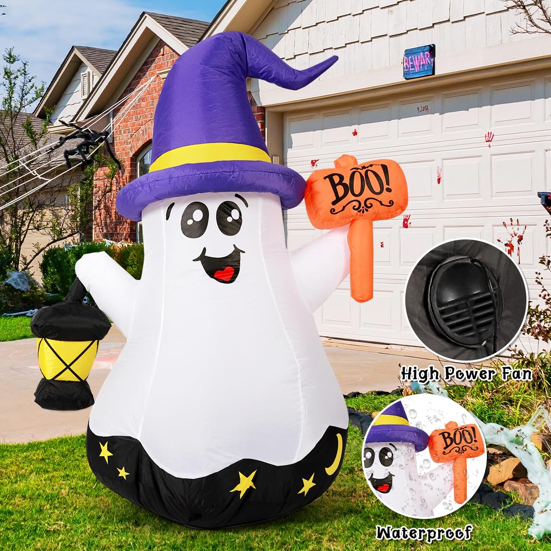 GOOSH Halloween Inflatable Wizard Ghost with garden setting
