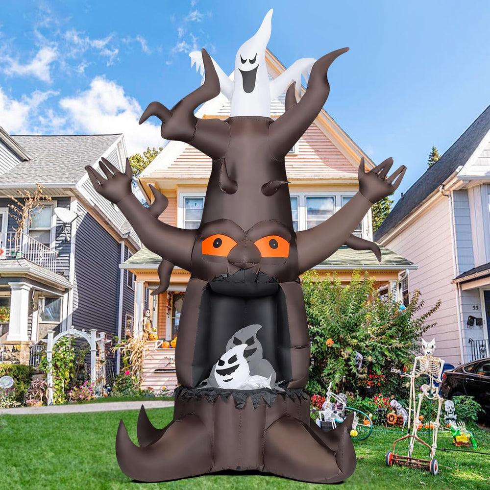 GOOSH inflatable dead tree set up in a yard during Halloween