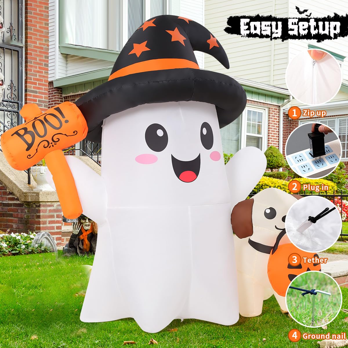 GOOSH inflatable Halloween ghost setup with ground stakes