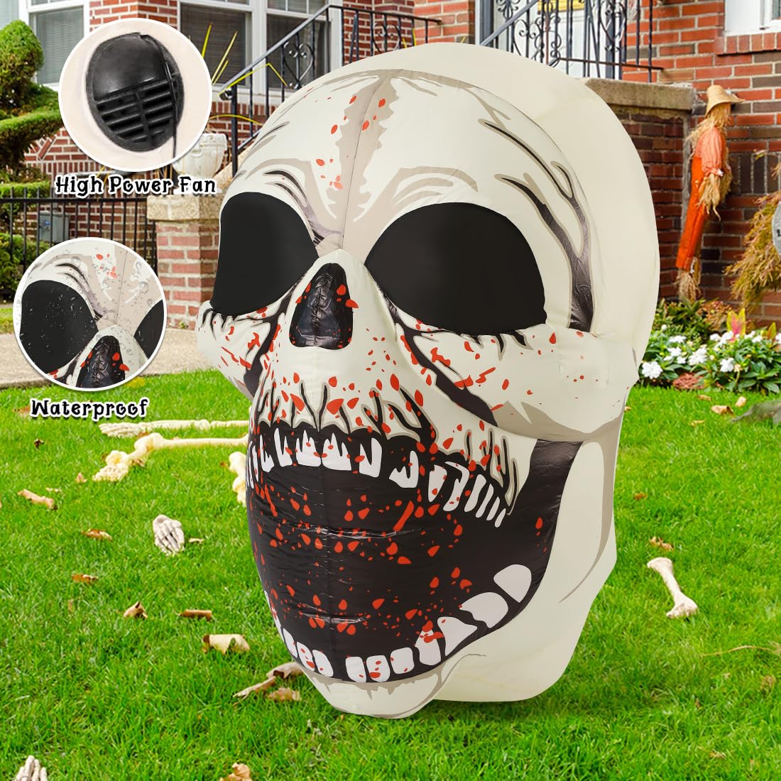 GOOSH inflatable skull set up in a garden during Halloween