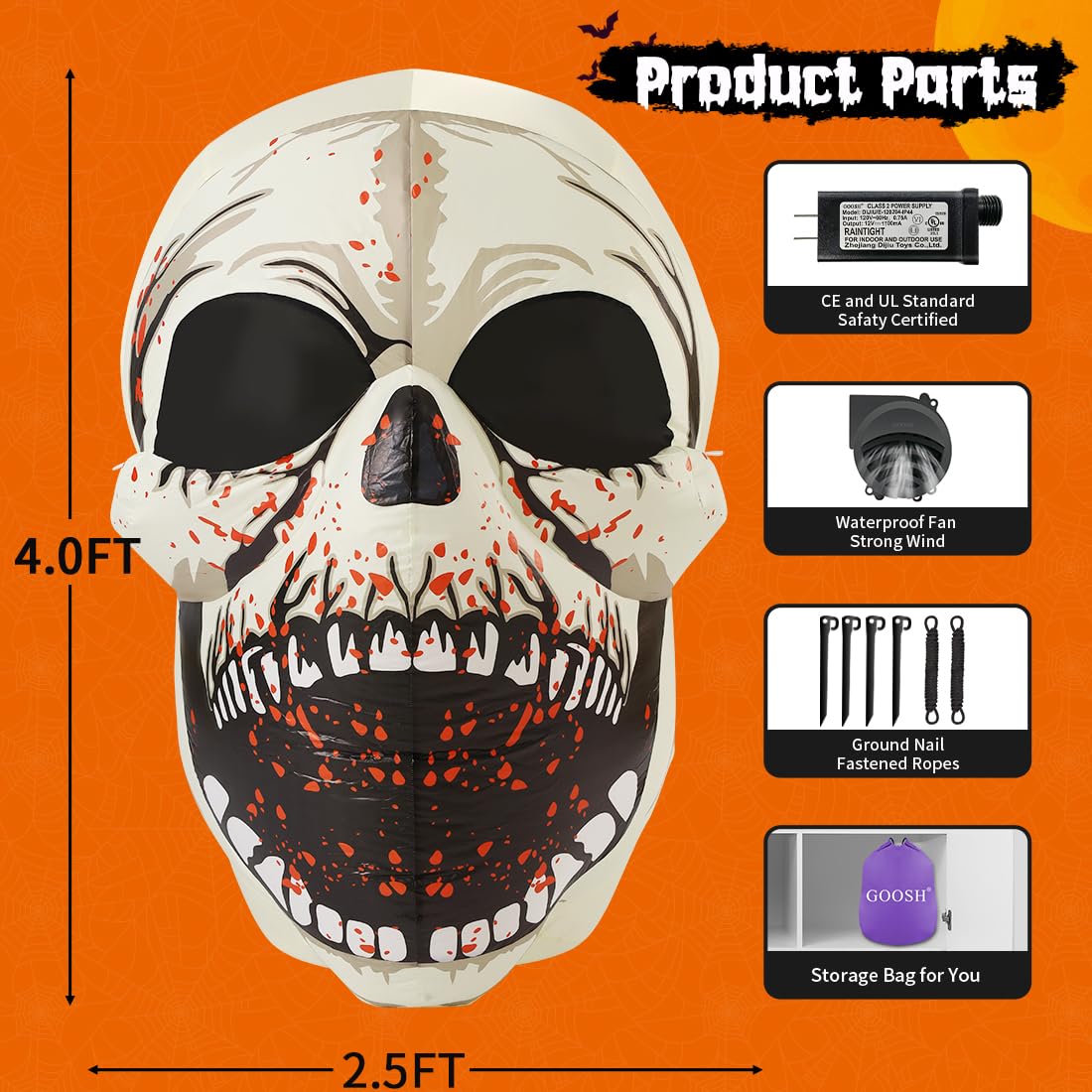 GOOSH inflatable skull with accessories including stakes and storage bag