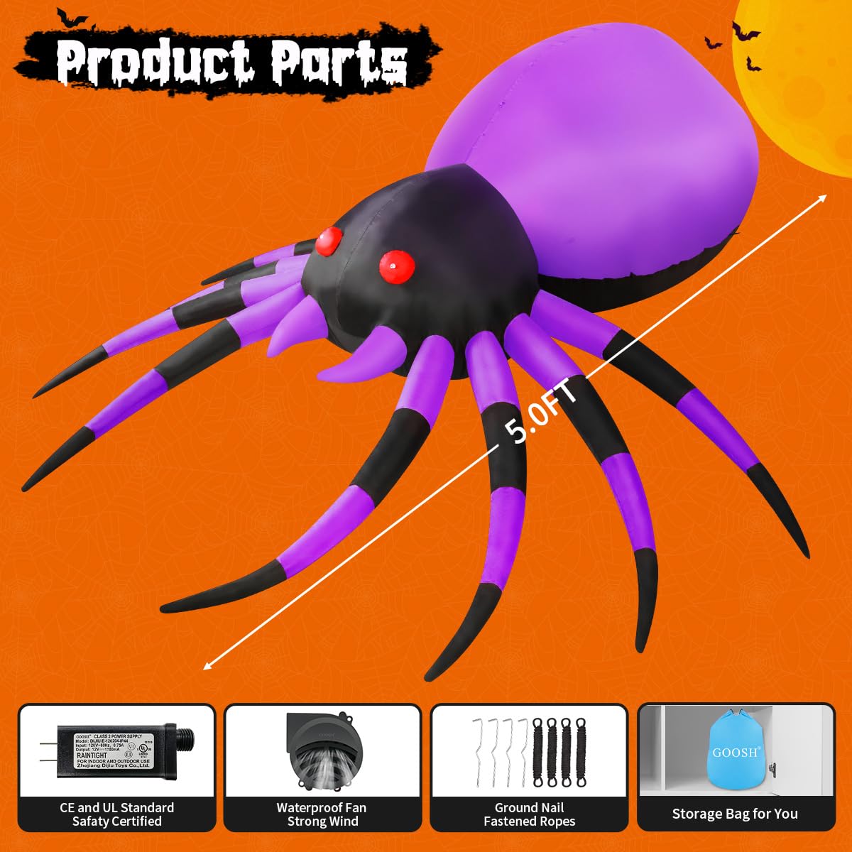 GOOSH inflatable spider inflated during nighttime with LED lights