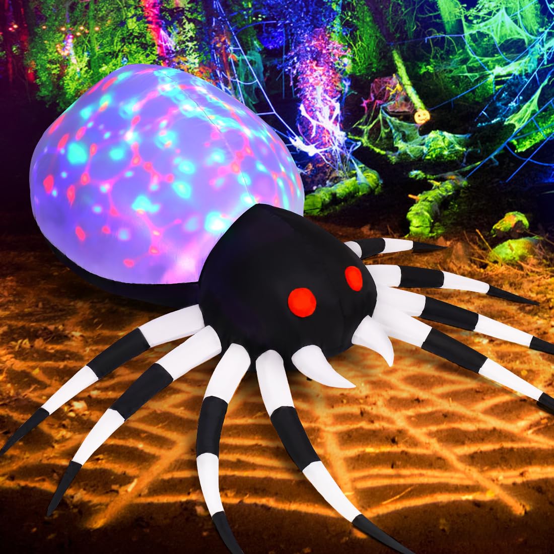 GOOSH inflatable spider setup in a yard during Halloween