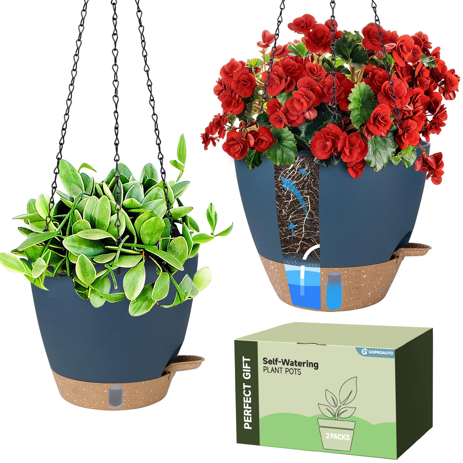 Goproauto Self-Watering Hanging Planter 10-inch in blue with chain