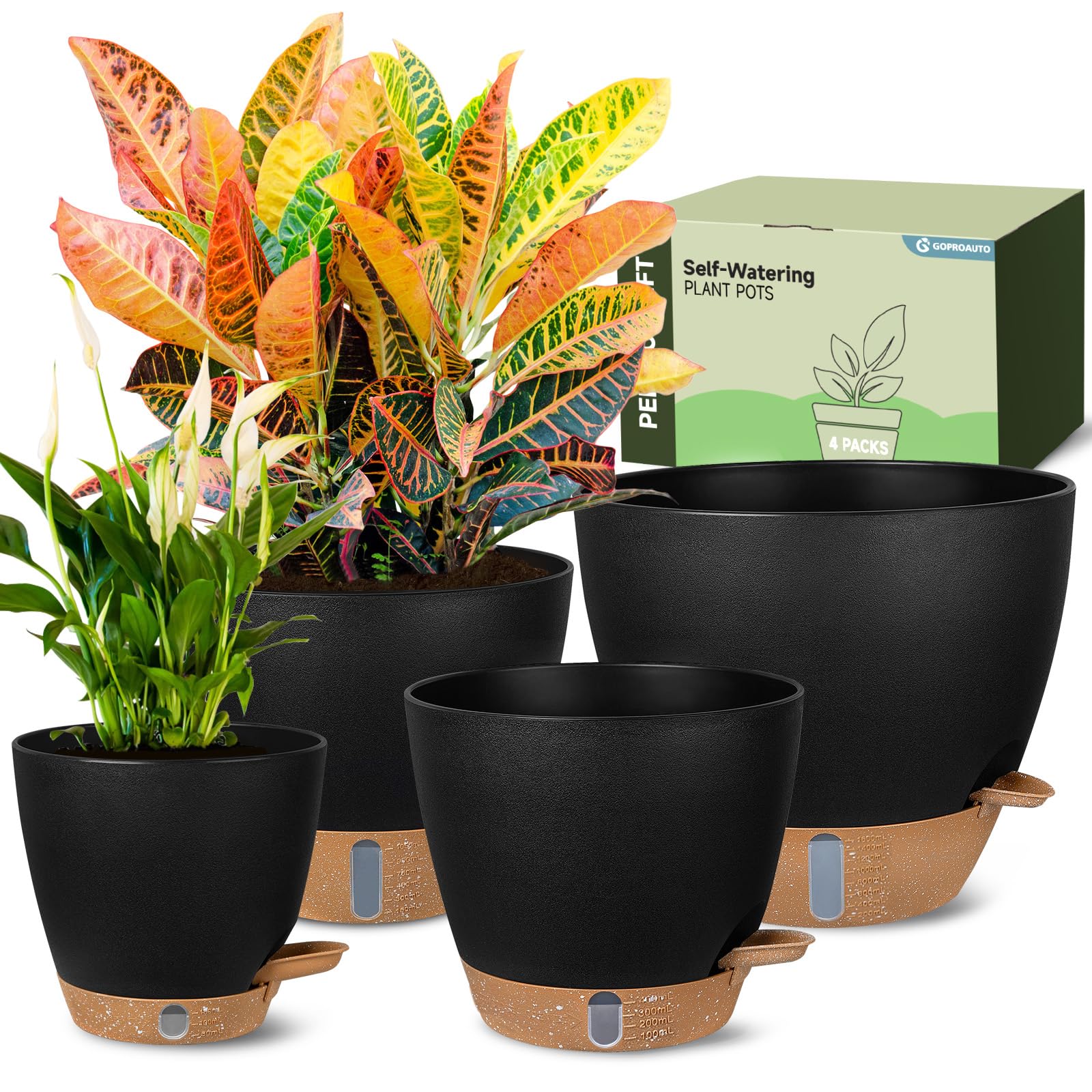 Goproauto self-watering pot set with four sizes 6, 8, 10, 12 inch