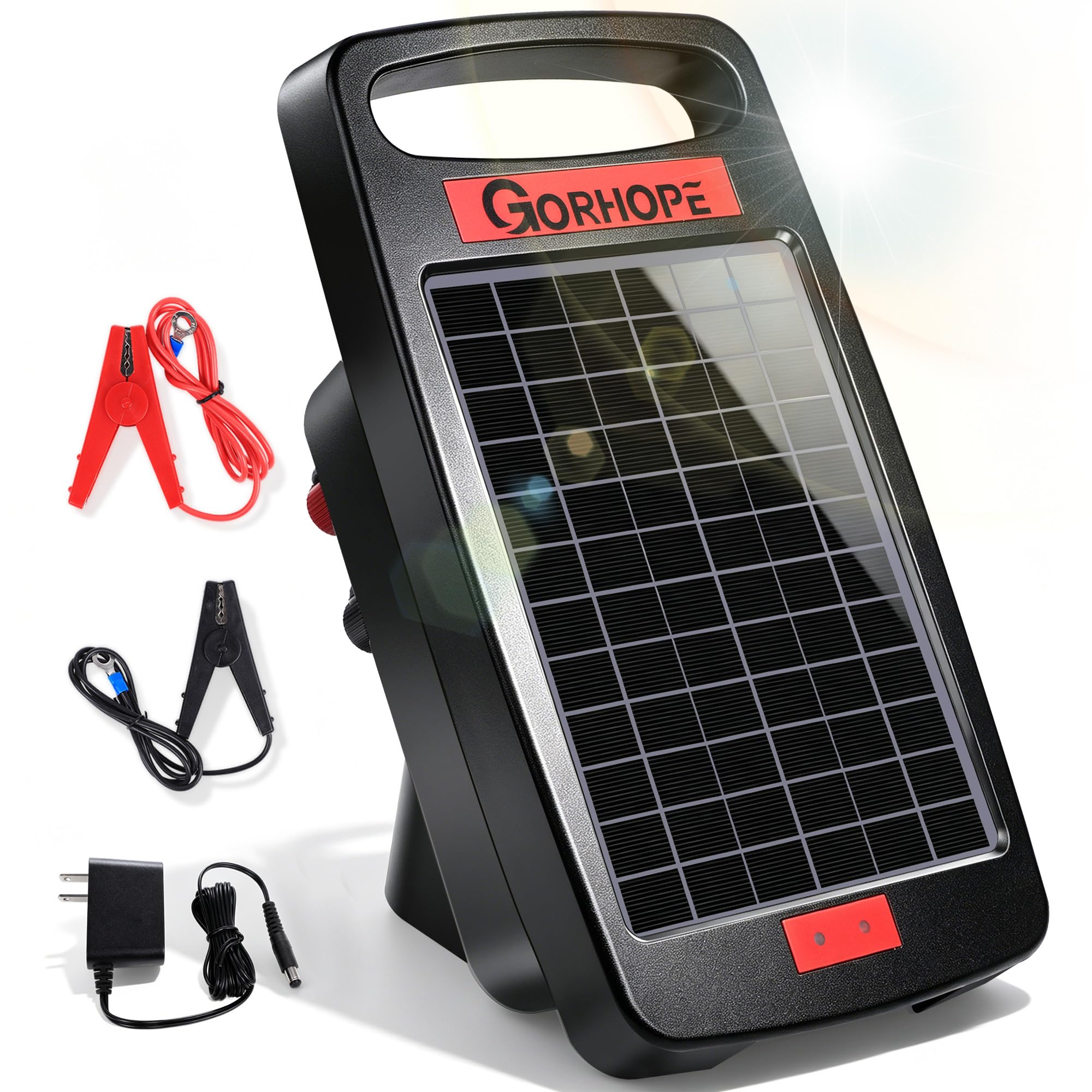 Gorhope Solar Electric Fence Charger front view with red and black design