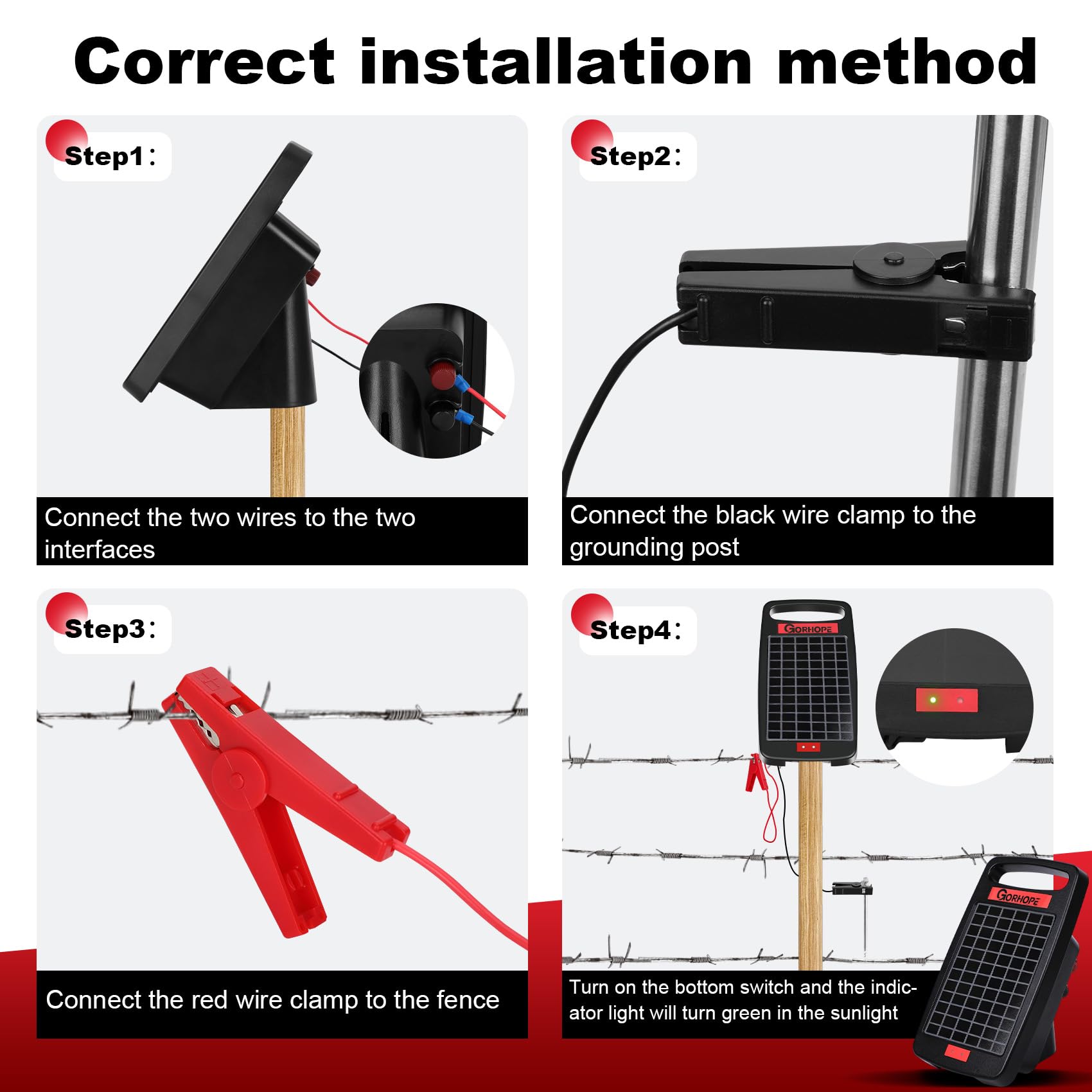 Gorhope Solar Electric Fence Charger showing installation instructions