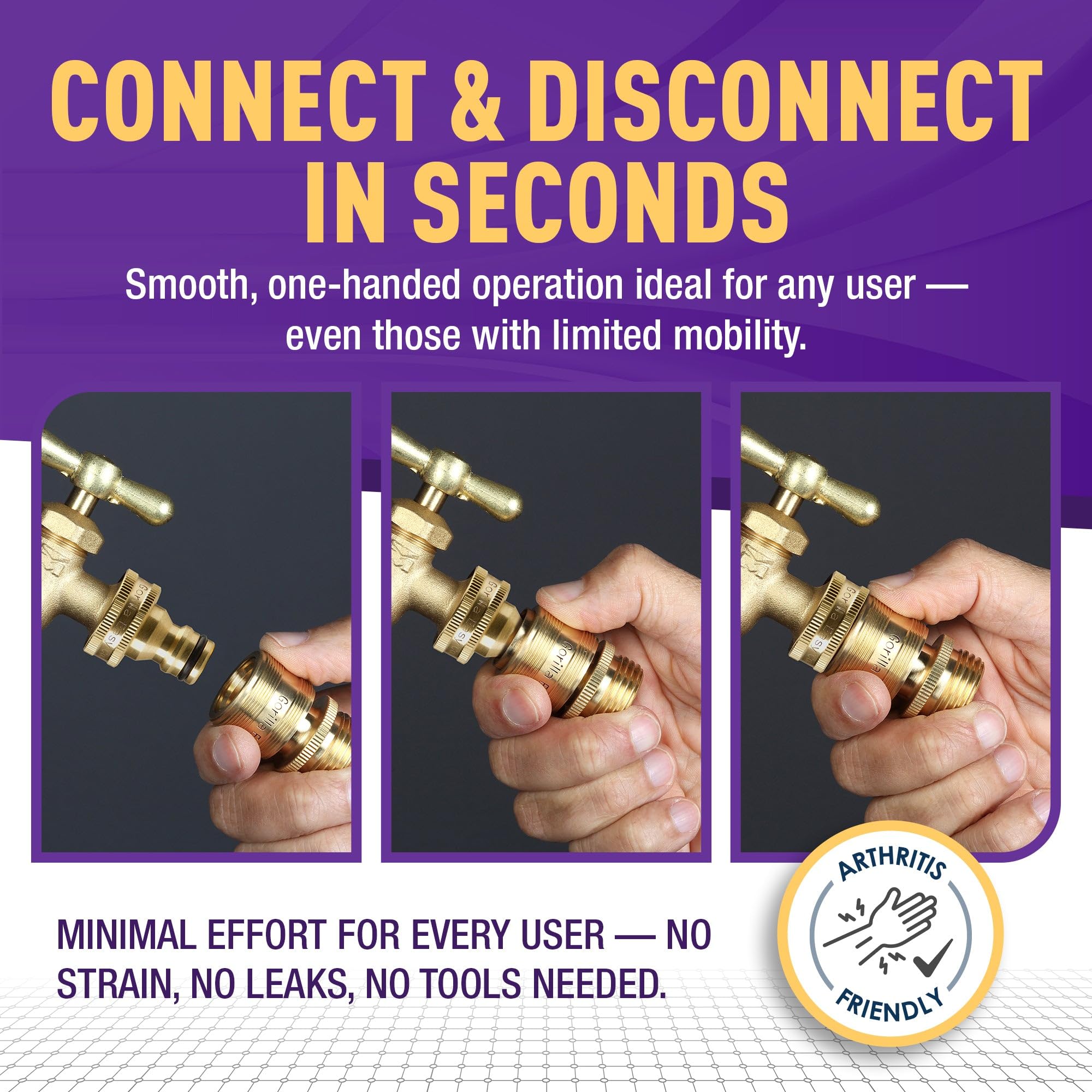 GORILLA EASY CONNECT quick connect fitting in hand for easy operation