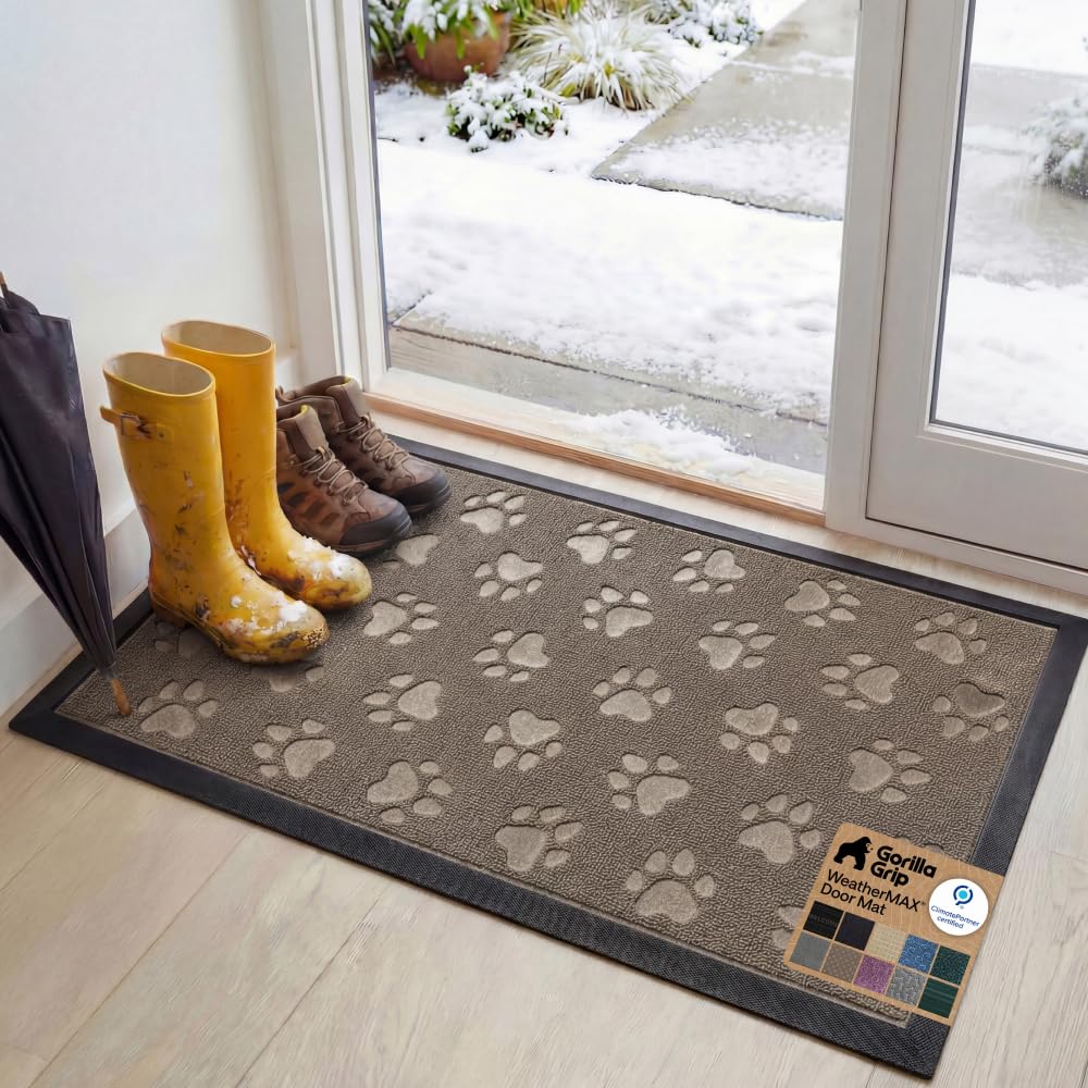 GORILLA GRIP WeatherMAX Door Mat 47x35, Tan Pawprints front view