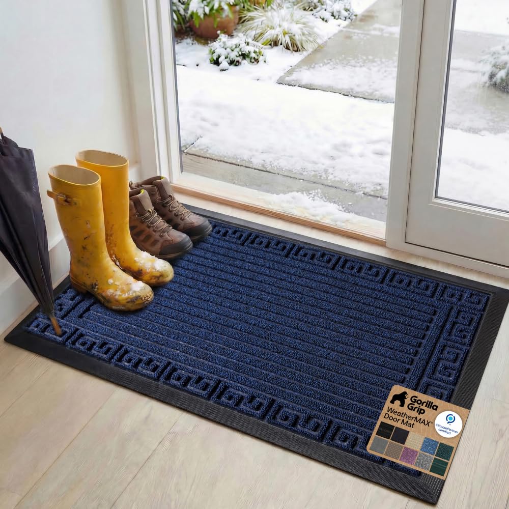 GORILLA GRIP WeatherMAX Door Mat front view Navy Greek Keys