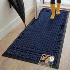 GORILLA GRIP WeatherMAX Door Mat front view, Navy Greek Keys design