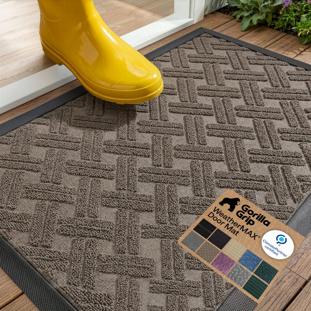 GORILLA GRIP WeatherMAX Door Mat front view, Taupe Basket Weave