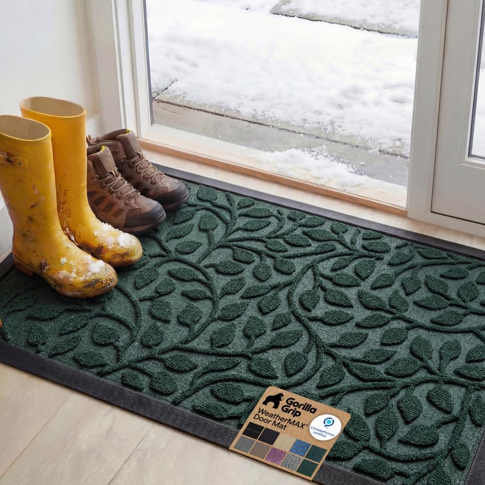 GORILLA GRIP WeatherMAX Door Mat front view with moss vine leaves pattern