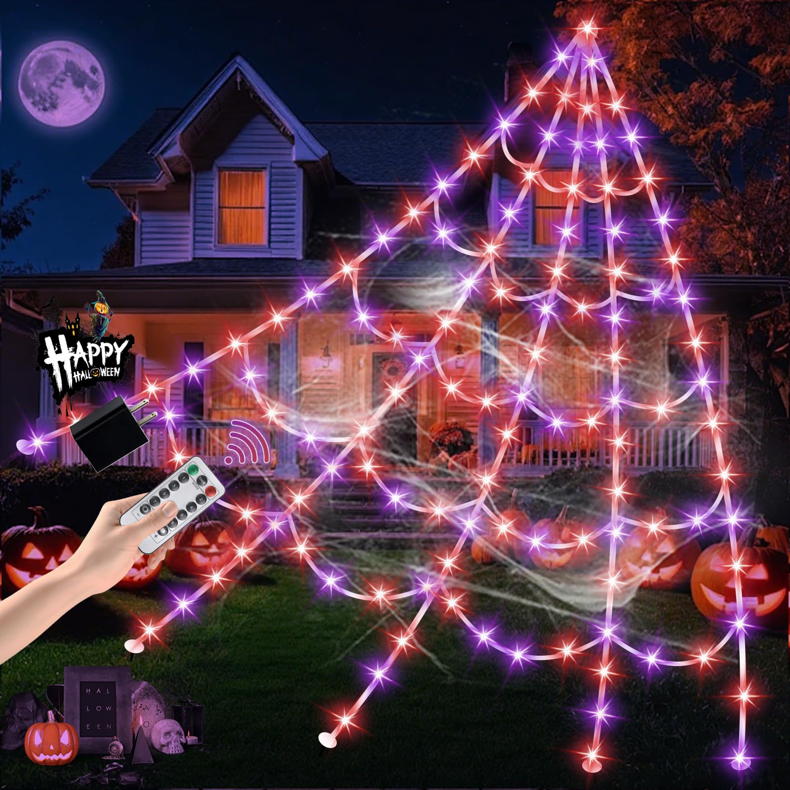 GORKAY Halloween Spider Web Lights 16.4FT with purple and orange LED lights