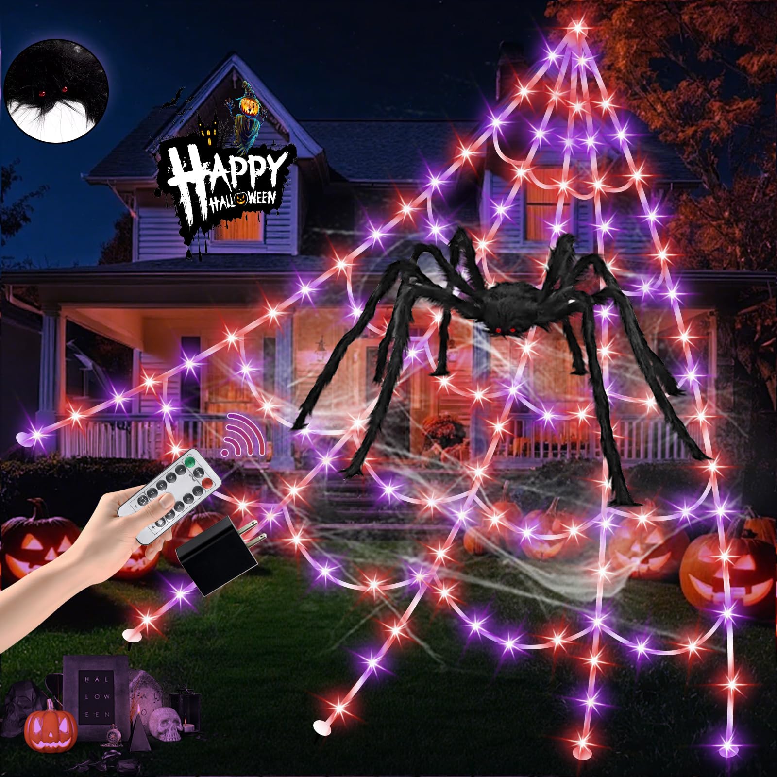 GORKAY Halloween Spider Web Lights 550 LED with giant spider