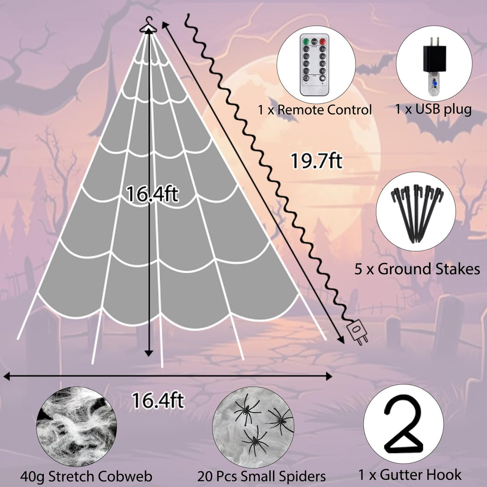 GORKAY Halloween Spider Web Lights set with ground stakes and gutter hook