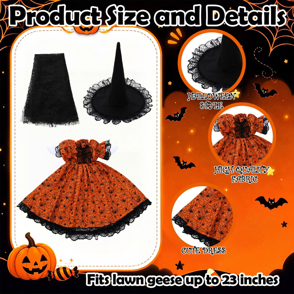 Gothic spider print dress displayed on a porch goose statue