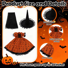 Gothic spider print dress displayed on a porch goose statue