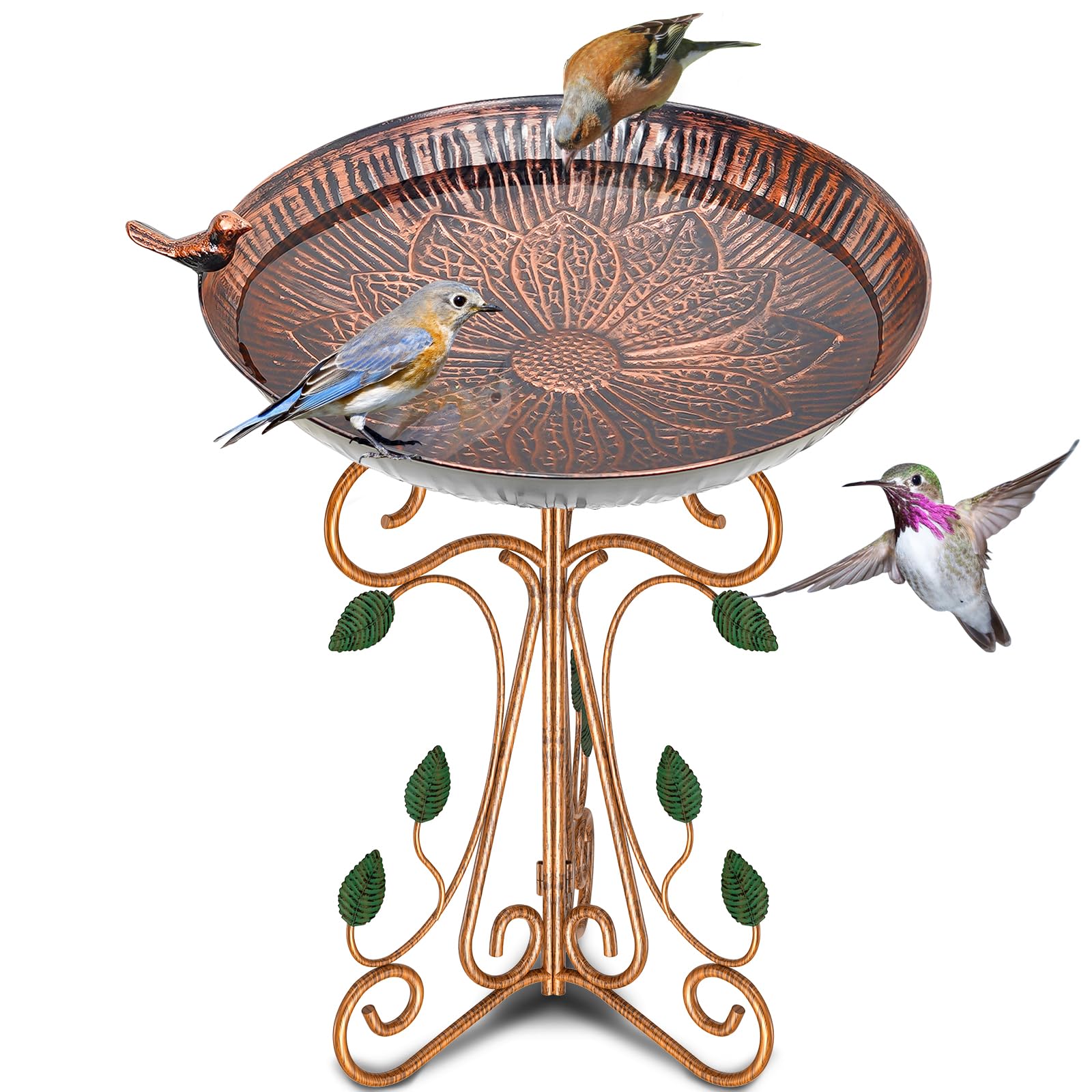 Gouisalin Metal Bird Bath front view with copper lotus design