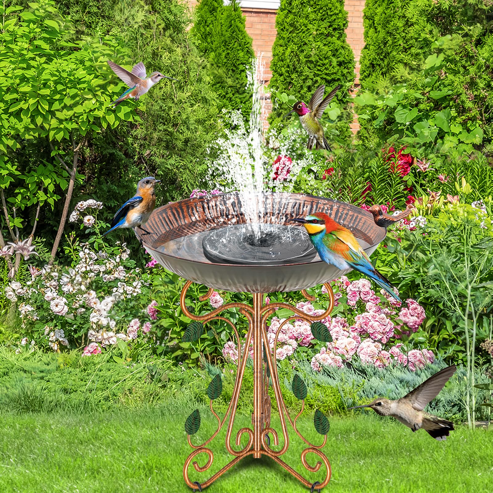 Gouisalin Metal Bird Bath in garden setting with flowers