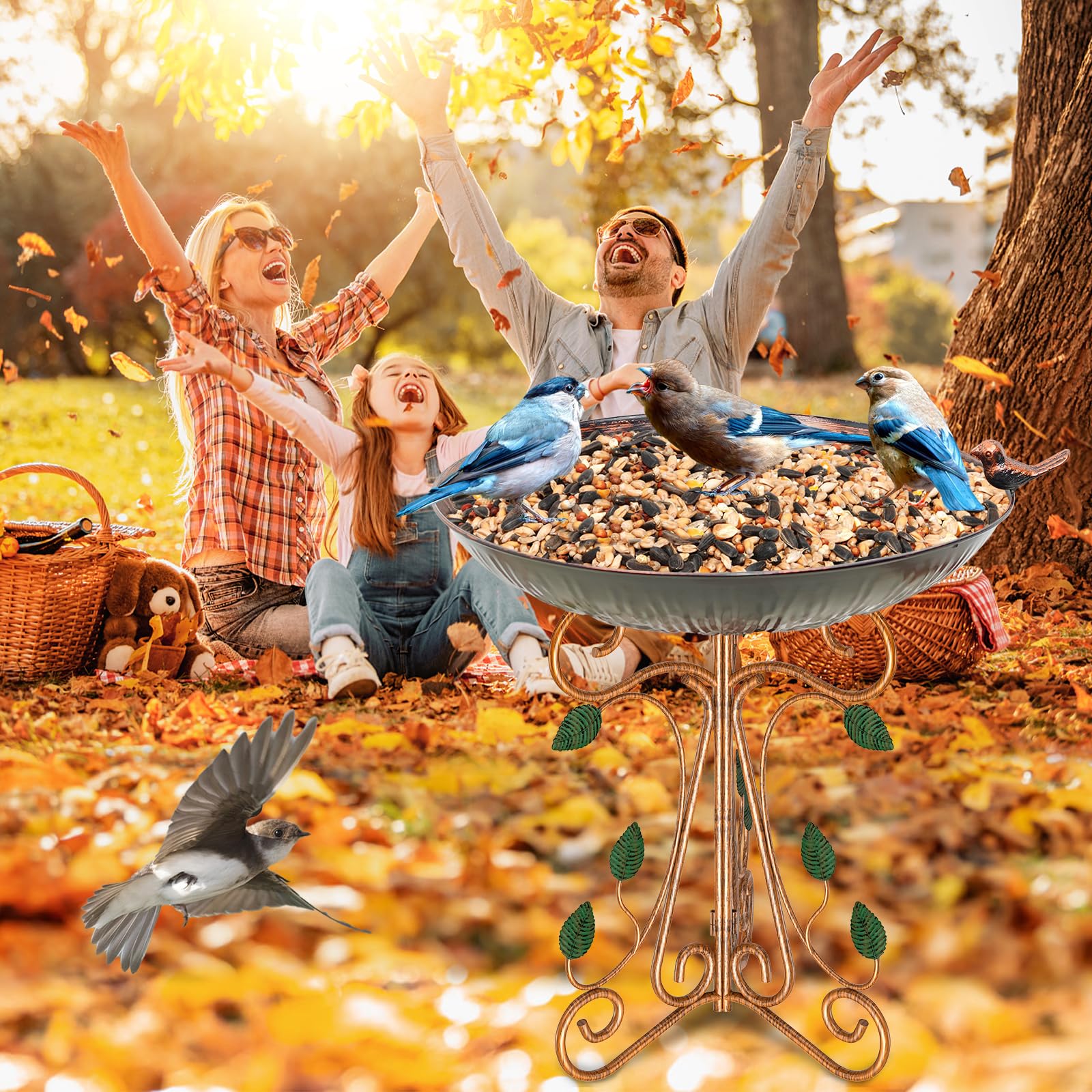 Gouisalin Metal Bird Bath with water and birds at the edge